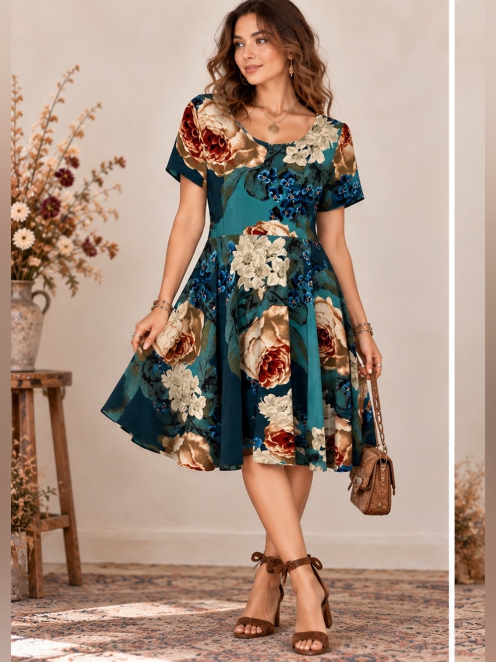 Anthropologie Floral Fit & Flare Teal Dark Academia Romantic Feminine Dress Sz 8